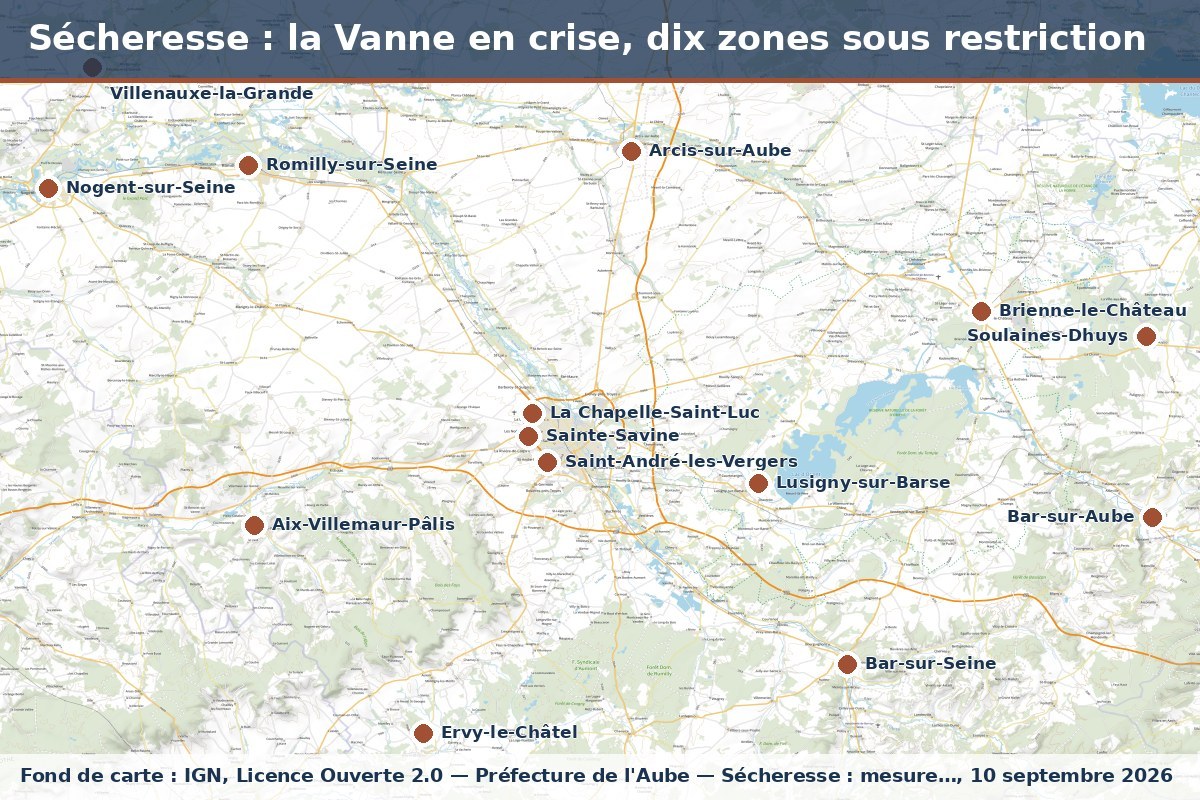 Carte : Sécheresse : la Vanne en crise, dix zones sous restriction