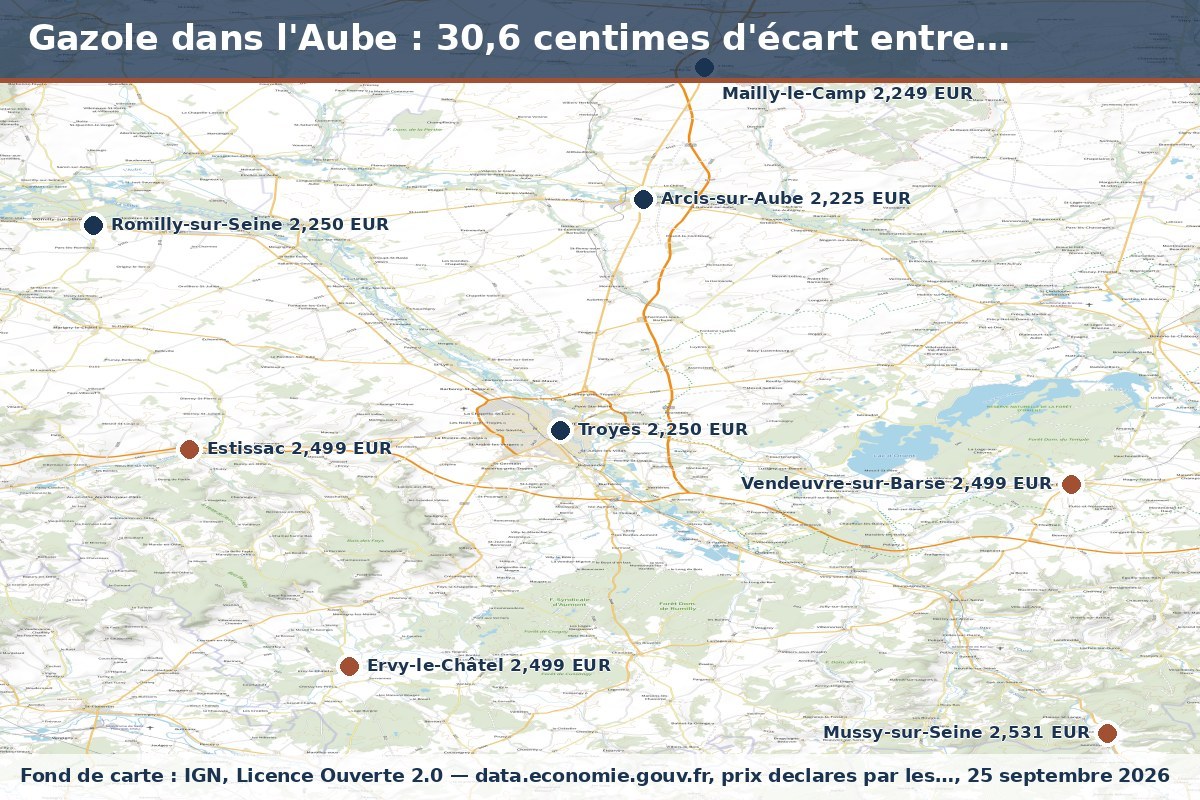 Carte : Gazole dans l'Aube : 30,6 centimes d'écart entre Arcis-sur-Aube et Mussy-sur-Seine