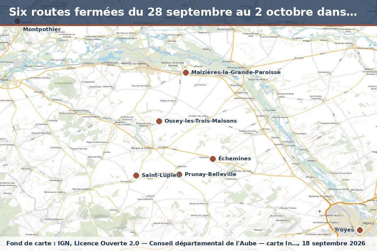 Carte : Six routes fermées du 28 septembre au 2 octobre dans l'Aube