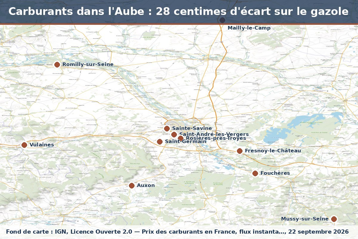 Carte : Carburants dans l'Aube : 28 centimes d'écart sur le gazole